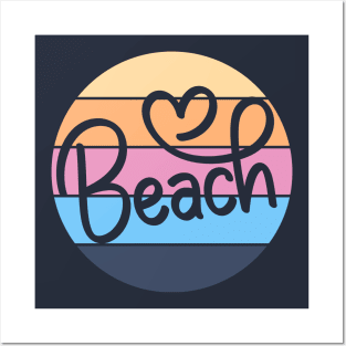 "Beach" Script Tee with Classic Round Sunset Background in Soft Tones Posters and Art